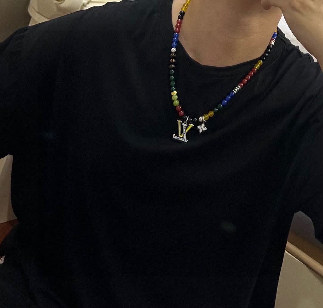 Louis Vuitton Beaded Necklace with Logo Pendant